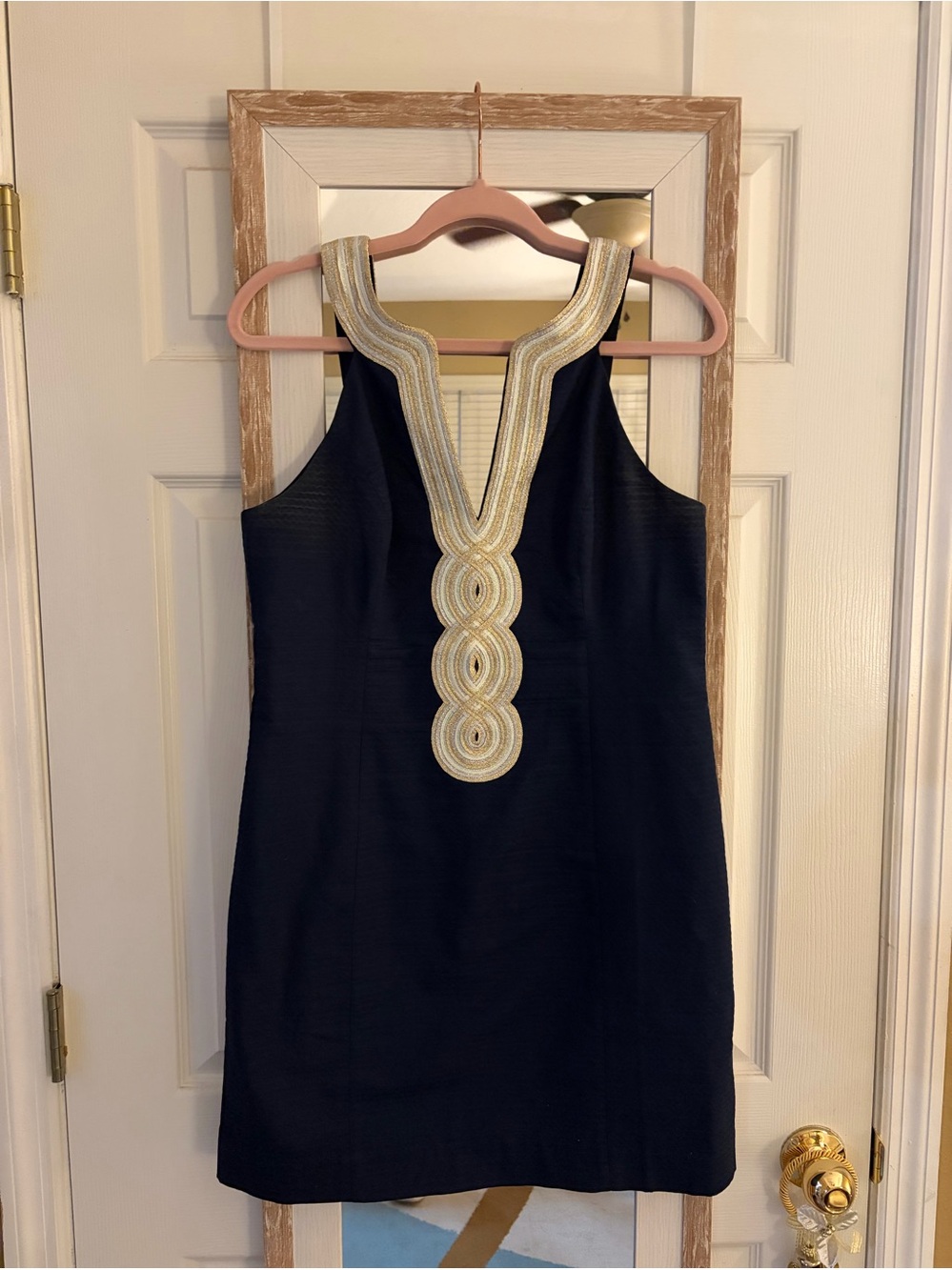 Lilly Pulitzer Classic Navy Shift Dress with Gold Embellished V-Neck. Size 10